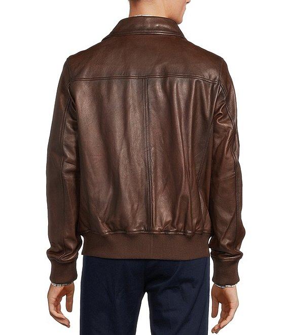 Roundtree & Yorke Shearling Collar Long Sleeve Leather Aviator Bomber Jacket Product Image