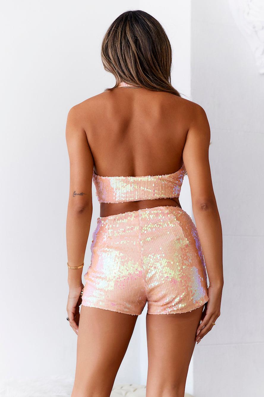 HELLO MOLLY Crystal Ball Sequin Shorts Peach Product Image