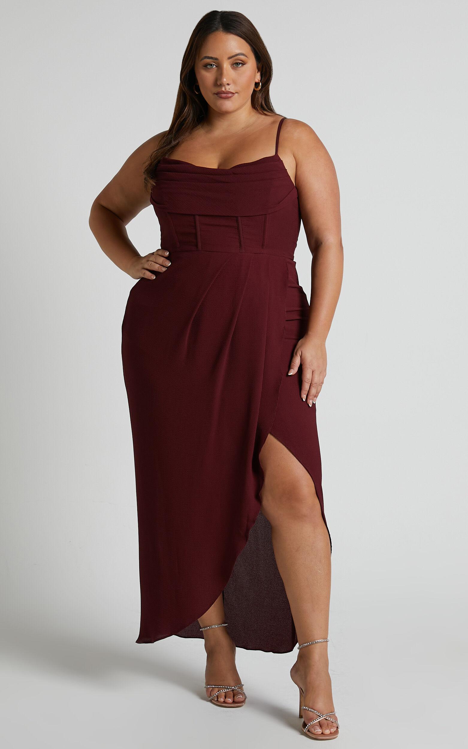 Andrina Midi Dress - High Low Wrap Corset Dress in Wine Product Image