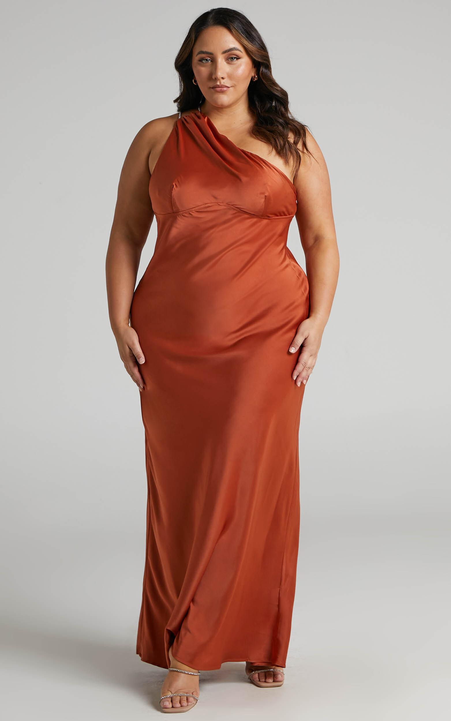 Elzales Midi Dress - One Shoulder Beaded Strap Satin Dress in Rust Product Image