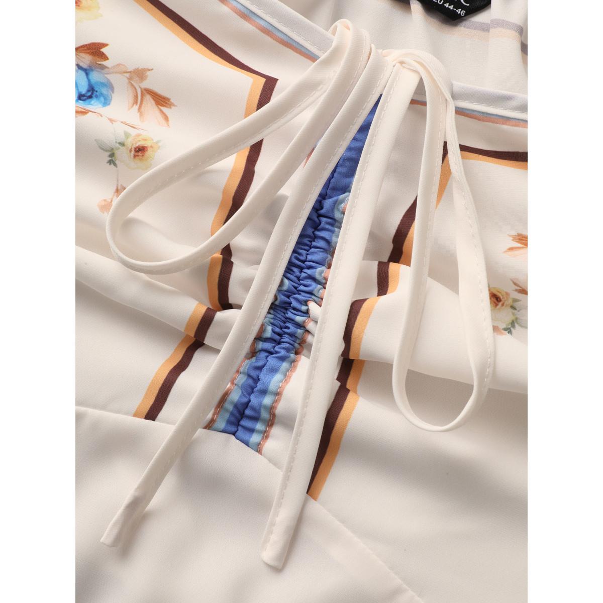 Plus Size Multicolor Heart Neckline Boho Print Drawstring Blouse Women Elegant Short sleeve Heart neckline Everyday Blouses BloomChic 10/M Product Image