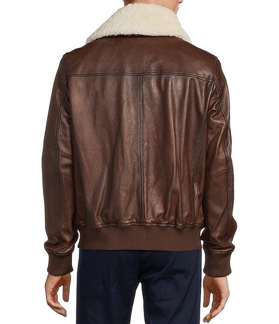 Roundtree & Yorke Shearling Collar Long Sleeve Leather Aviator Bomber Jacket Product Image