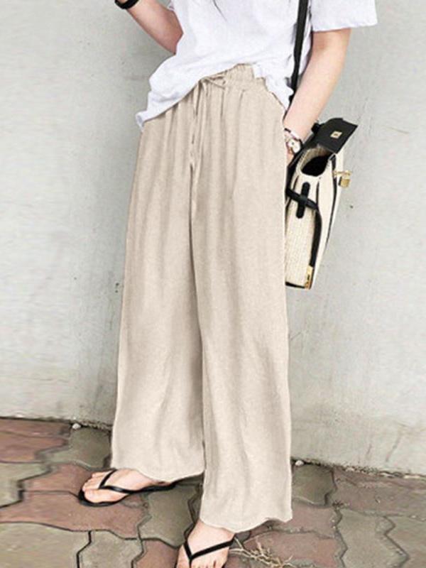 High Waisted Loose Drawstring Pockets Solid Color Pants Trousers Product Image
