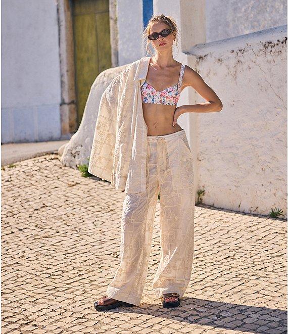 Agua Bendita Swan Floral Embroidered Collar Neck Long Sleeve Tie Front Shirt Product Image