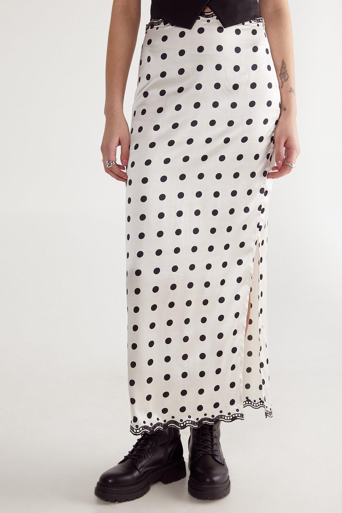 Satin Polka Dot Embroidered Split Maxi Skirt Product Image