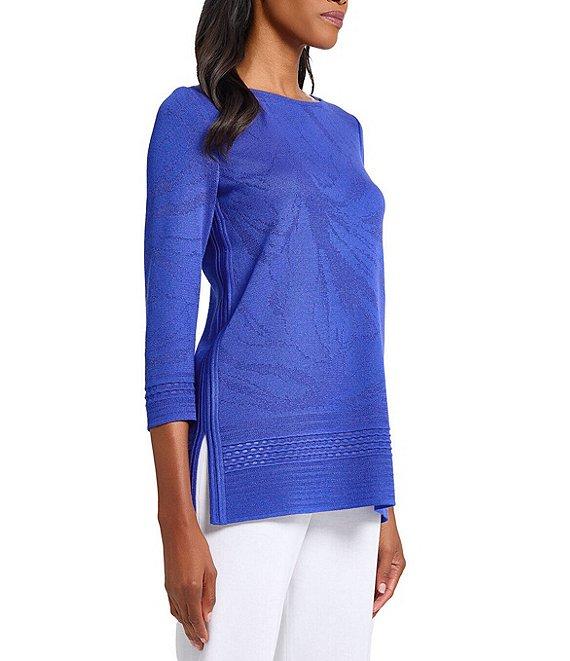 Ming Wang Burnout Floral Knit Boat Neck Bracelet Sleeve Tunic Product Image