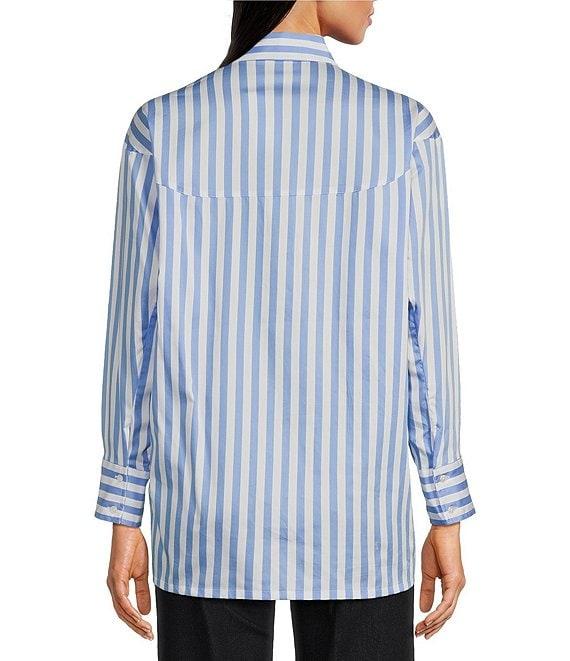 J.McLaughlin Alexis Cotton Sateen Stripe Print Point Collar Long Sleeve Button Front Blouse Product Image