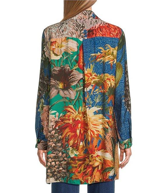 John Mark Large Multi Floral Print Point Collar Long Sleeve Roll Tab Button Up Tunic Product Image
