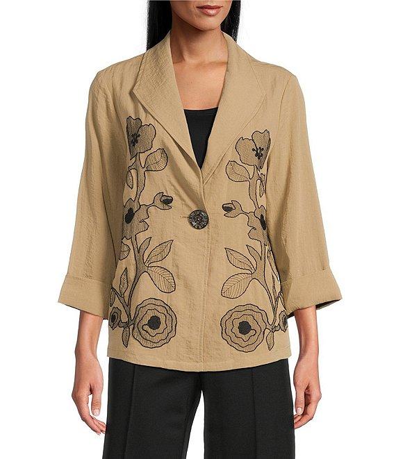 Multiples Petite Size Crinkle Woven Embroidered Floral Shawl Collar 3/4 Turn-Up Cuff Sleeve One Button-Front Jacket Product Image