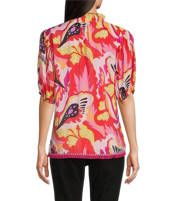 Calessa Petite Size Woven Modern Abstract Print Ruffled Split V-Neck Elbow Sleeve Tunic Product Image