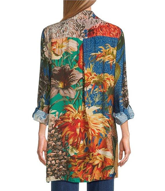 John Mark Large Multi Floral Print Point Collar Long Sleeve Roll Tab Button Up Tunic Product Image
