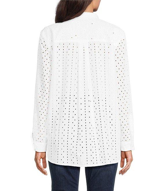 John Mark Allover Embroidered Eyelet Wire Neck Long Roll-Tab Sleeve Button Front Blouse Product Image