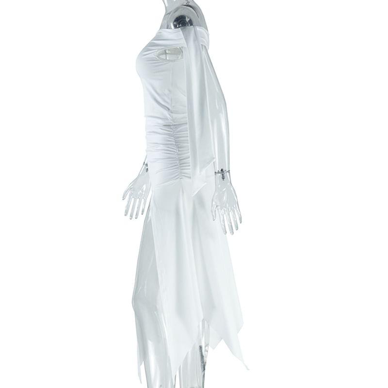 Sleeveless Off-Shoulder Plain Cutout Asymmetrical Slit Midi A-Line Dress Product Image