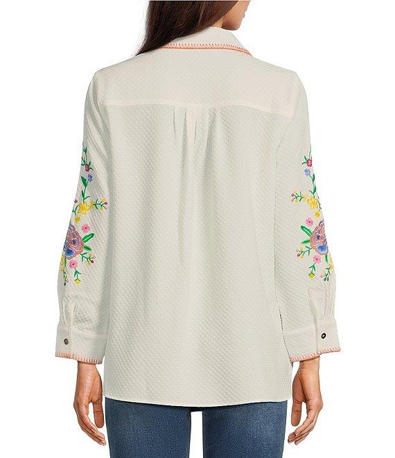 Calessa Crinkle Woven Embroidered Point Collar Long Sleeve Button-Front Shirt Product Image