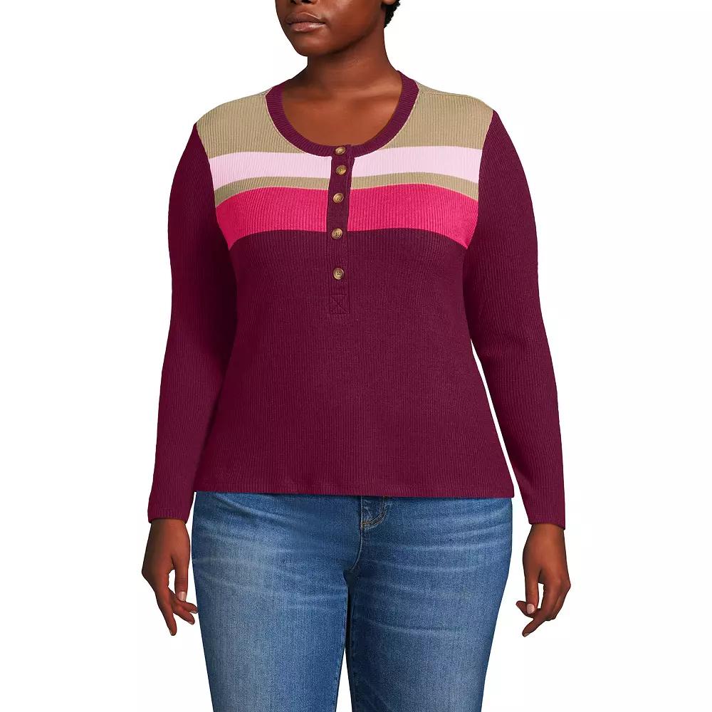 Plus Size Lands' End Long Sleeve Cozy Rib Henley Top, Women's, Size: 1XL, Rich Red Stripe Product Image