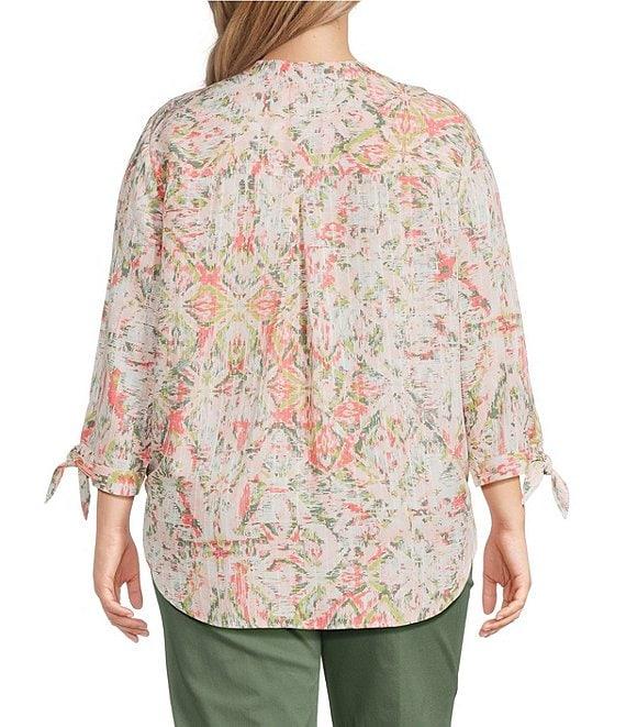 Allison Daley Plus Size Ikat Diamond Print 3/4 Tie Sleeve Y-Neck Button Front Tie-Hem Blouse Product Image
