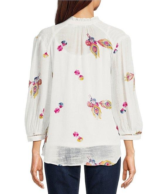 Figueroa & Flower Embroidered Woven Ruffled V-Neck 3/4 Sleeve Button-Front Blouse Product Image
