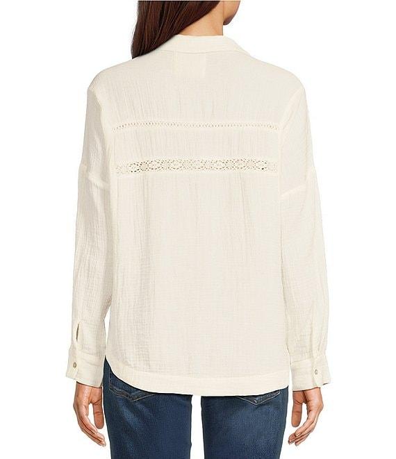 Lucky Brand Gauze Lace Trim Spread Collar Long Sleeve Button-Front Shirt Product Image