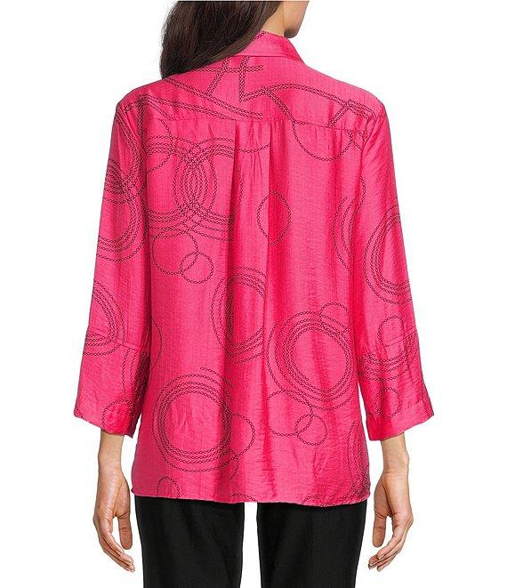 Ali Miles Petite Size Woven Geometric Print Point Collar 3/4 Sleeve Button Front Tunic Product Image