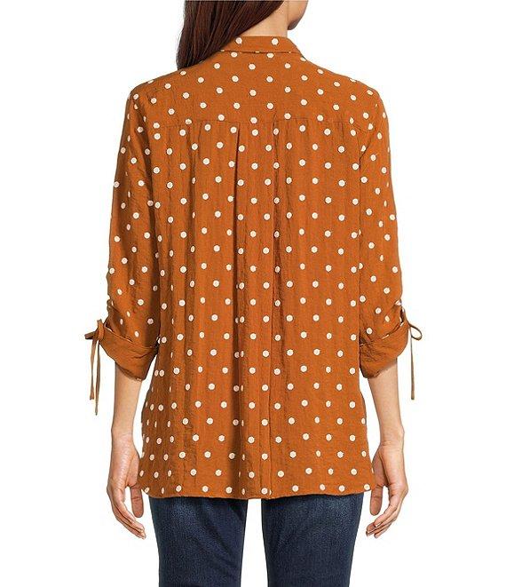 John Mark Embroidered Polka Dot Cinch Tie Sleeve Button Front Tunic Product Image