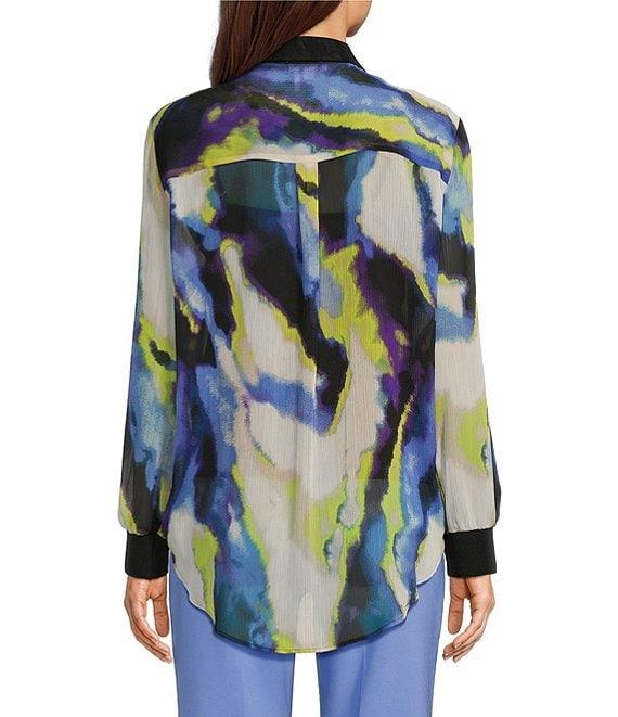 DKNY by Donna Karan Abstract Printed Chiffon Point Collar Long Sleeve Button Down Top Product Image