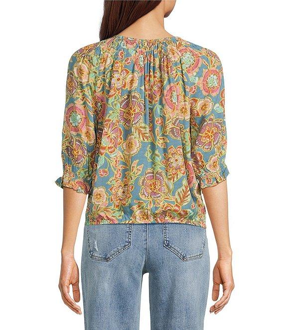 Democracy Woven Novelty Print Scoop Neck Elbow Blouson Sleeve Bubble Hem Top Product Image