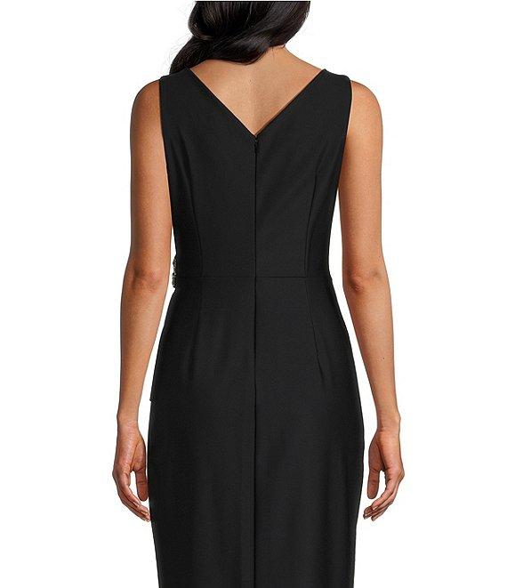 Alex Evenings Sleeveless Surplice V-Neck Beaded Detail Ruched Ruffled Sheath Gown Product Image
