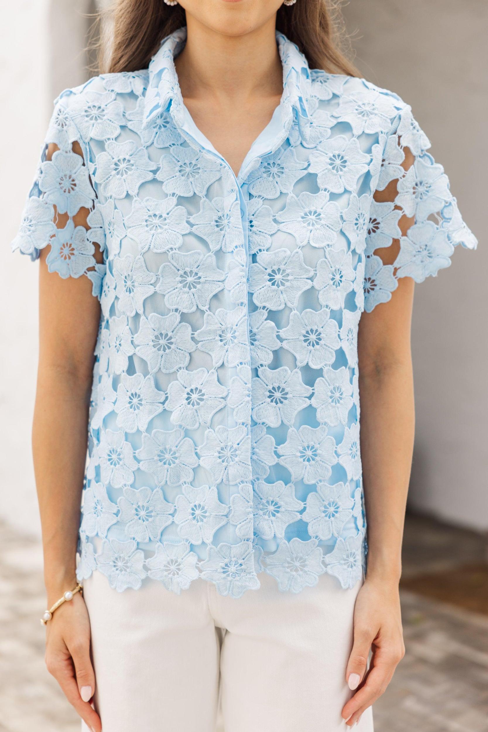 On The Rise Light Blue Crochet Blouse Female Product Image