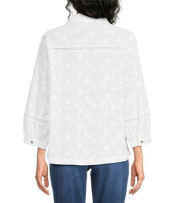 Ali Miles Embroidered Eyelet Floral Stand Collar 3/4 Sleeve Button- Front Tunic Product Image