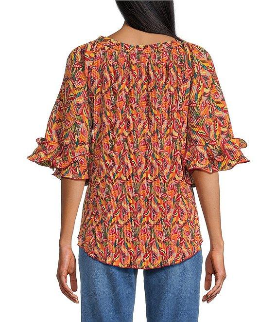 Multiples Georgette Allover Pleated Printed Elastic Neck Elbow Sleeve Loose Top Product Image