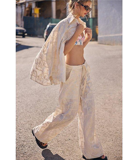 Agua Bendita Swan Floral Embroidered Collar Neck Long Sleeve Tie Front Shirt Product Image