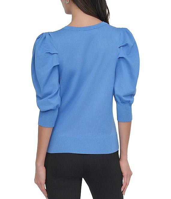 DKNY by Donna Karan Short Pleated Puffed Elbow Sleeve V-Neck Knit Top Product Image