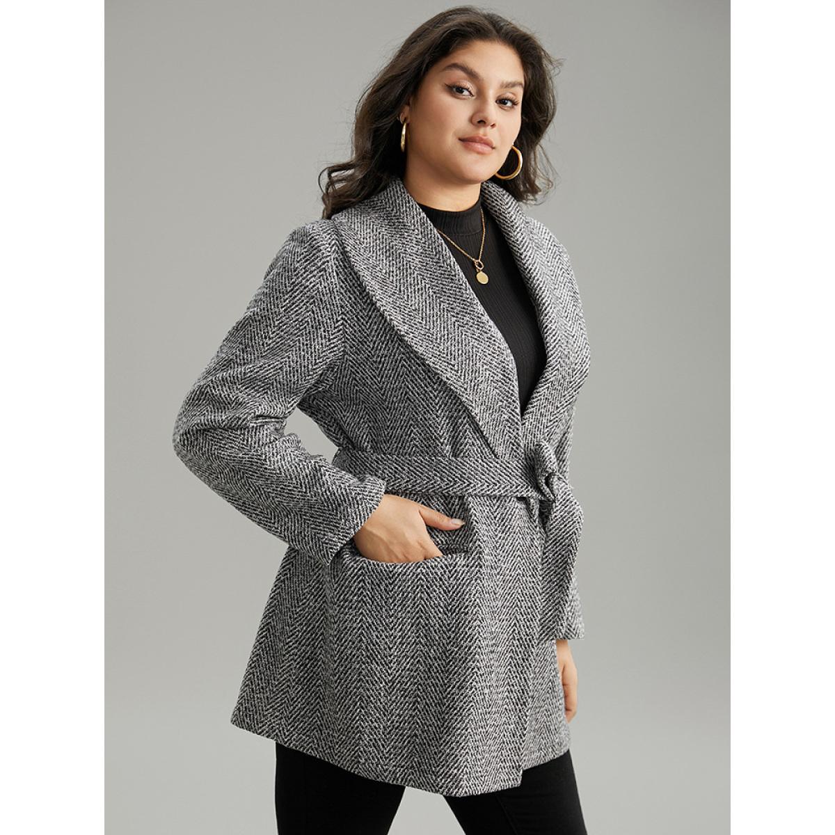 Plus Size Tweed Belted Lapel Collar Flap Pocket Coat Women Black Casual Belted Ladies Dailywear Winter Coats BloomChic 30/6X Product Image