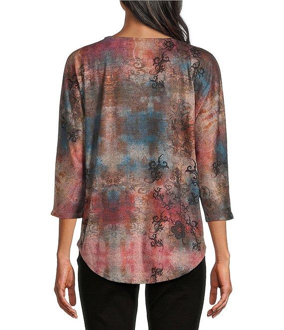 Leo & Nicole Petite Size Hacci Knit Watercolor Confluence Print Crew Neck 3/4 Dolman Sleeve Top Product Image