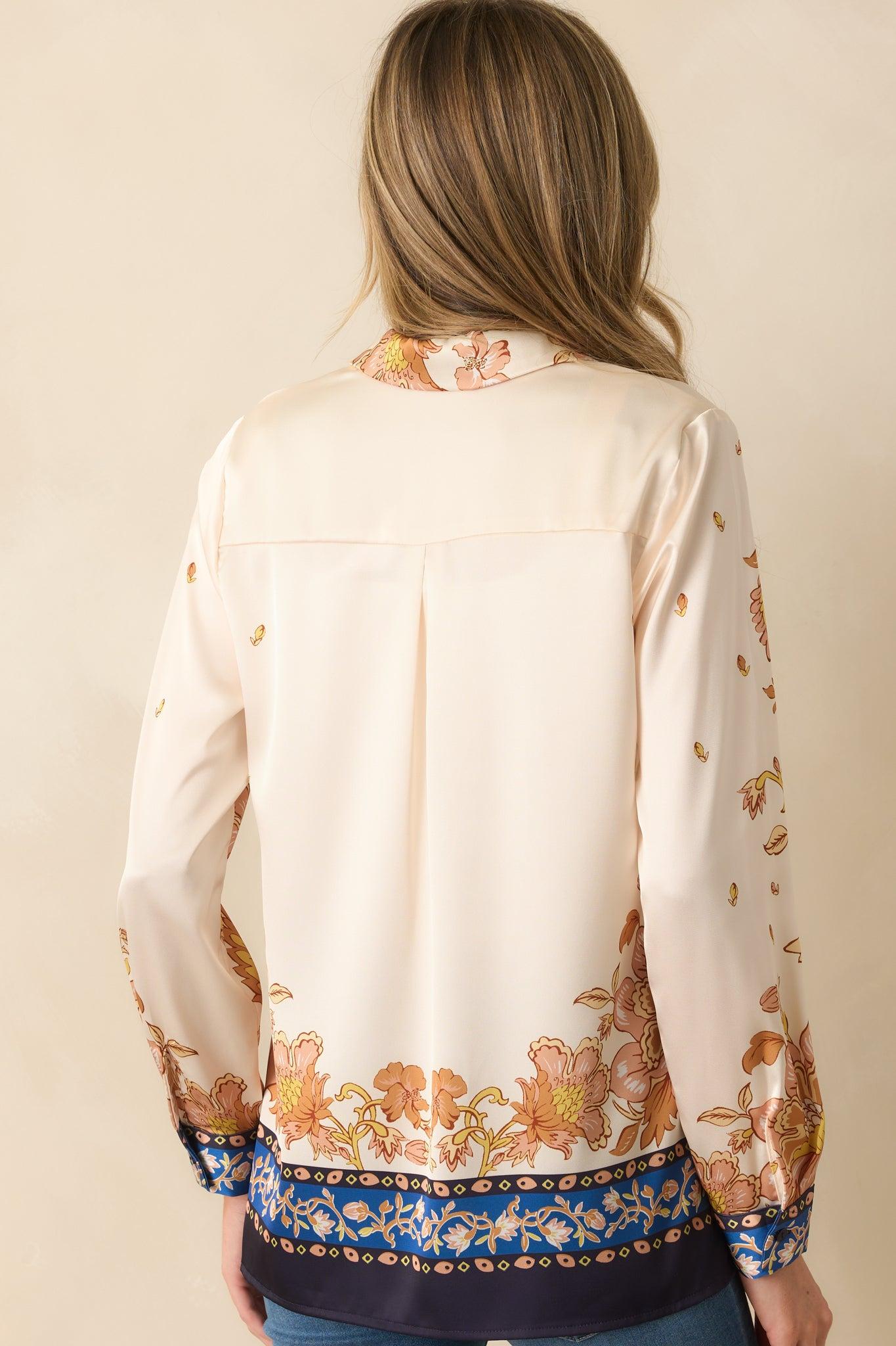 Took Her Time Ivory Multi Floral Print Satin Button Front Top Product Image