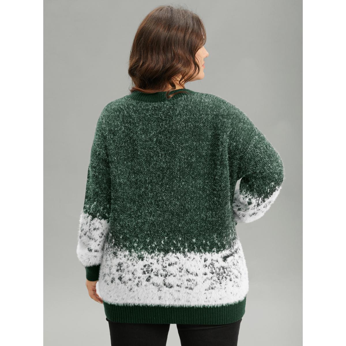 Plus Size Fuzzy Snowflake Elastic Cuffs Pullover DarkGreen Women Casual Loose Long Sleeve Round Neck Festival-Halloween Pullovers BloomChic 14-16/1X Product Image