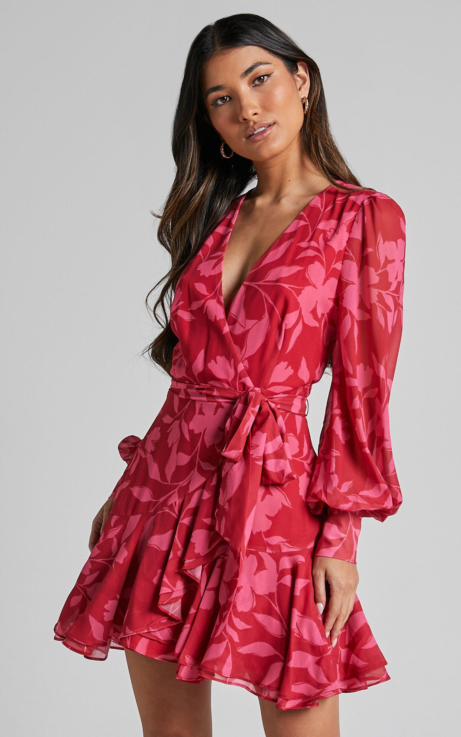 Aronia Mini Dress - V Neck Long Bishop Sleeve Ruffle Hem Wrap Dress in Havana Silhouette floral Product Image