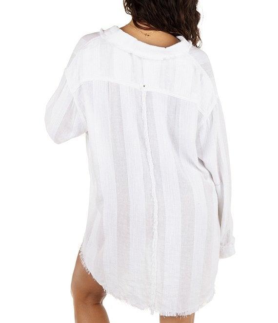 Hurley Stripe Gauze Point Collar Long Sleeve Button Front Swim Cover-Up Shirt Product Image