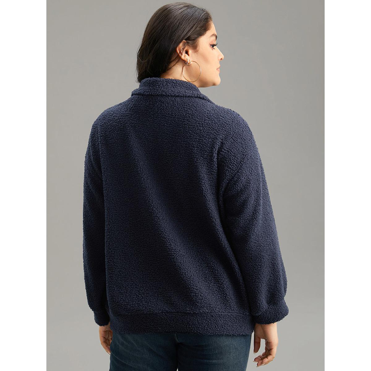 Plus Size Solid Zipper Pocket Teddy Jacket Women DarkBlue Casual Plain Ladies Dailywear Winter Coats BloomChic 26/4X Product Image