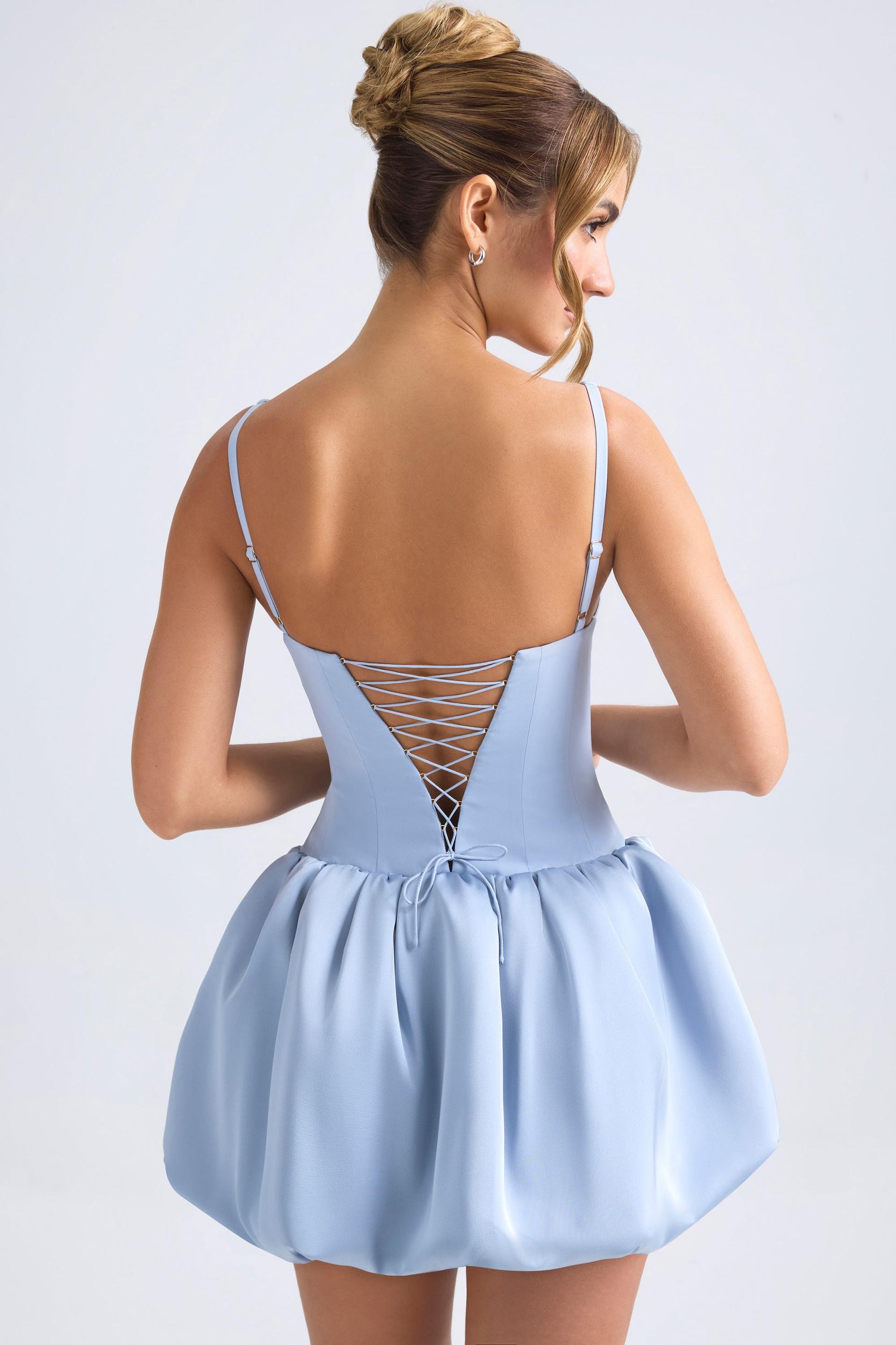 Lace-Up Bubble Hem Corset Micro Mini Dress in Light Blue Product Image