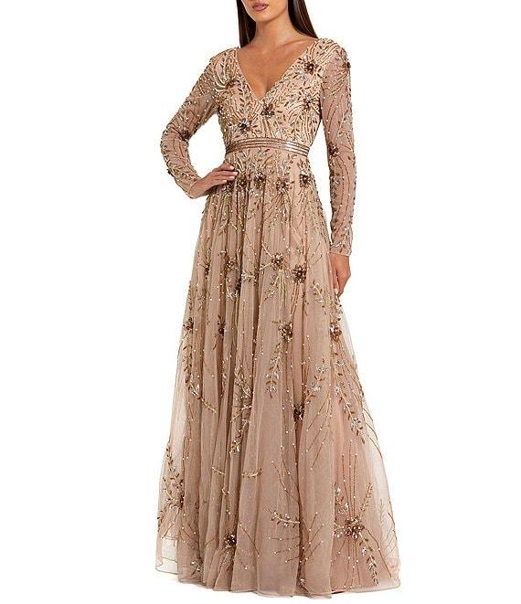 Mac Duggal V Neck Long Sleeve Beaded Mesh A-Line Gown Product Image