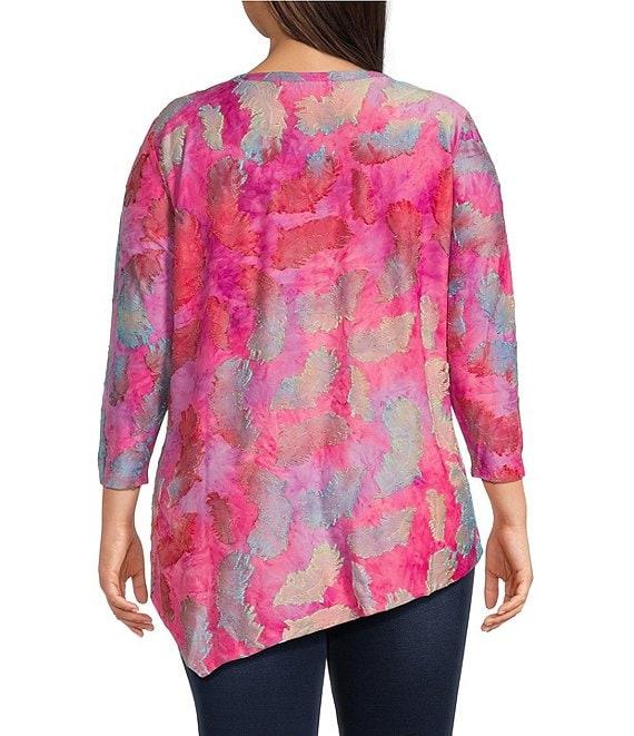Calessa Plus Size Burnout Leaf Tie-Dye Crew Neck 3/4 Sleeve Tunic Product Image