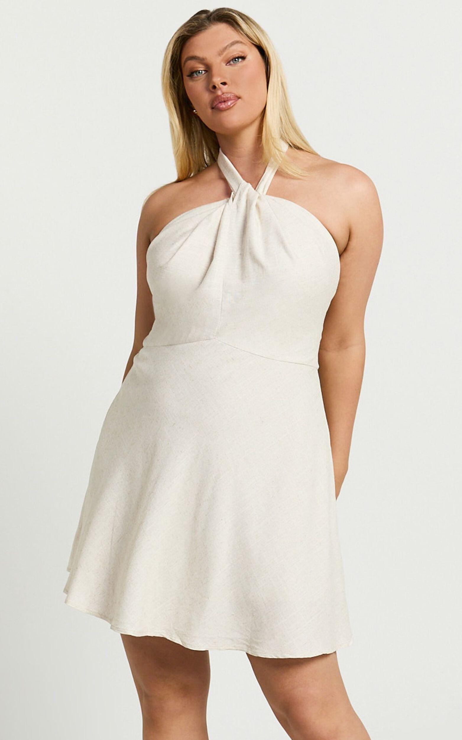 Louie Mini Dress - Linen Halter Neck Dress in Natural Product Image