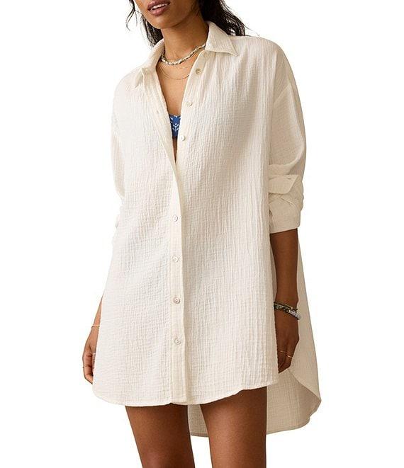 Faherty Haze Organic Cotton Gauze Collared Long Sleeve Button-Front Shirt Dress Product Image