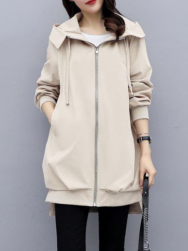 Casual Loose 4 Colors Pleated Zipper Hooded Long Sleeves Outwear Product Image
