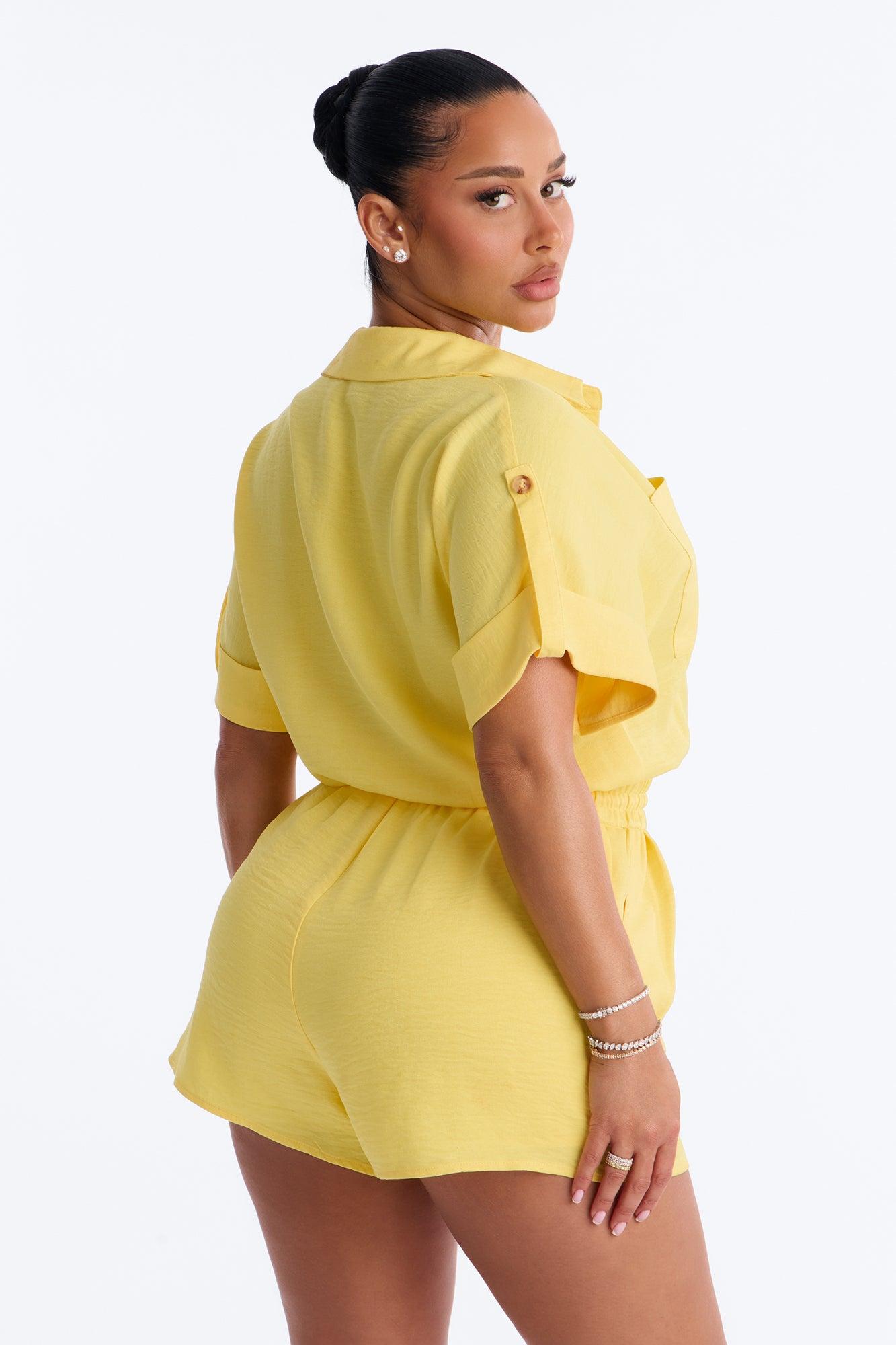 Lilah Collar Short Sleeve Romper - Yellow Female Product Image