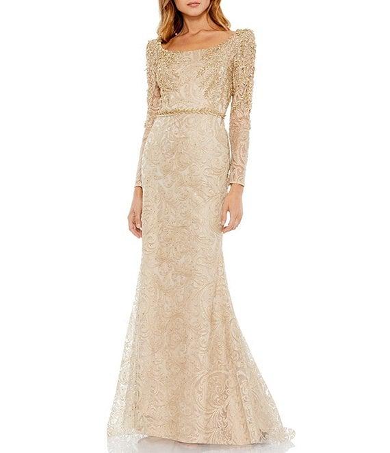 Mac Duggal Embroidered Applique Square Neck Long Sleeve Trumpet Gown Product Image