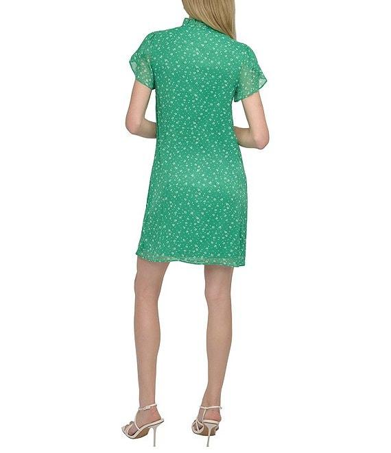 DKNY by Donna Karan Woven Floral Print Mock Neck Short Sleeve Front Tie Shift Mini Dress Product Image