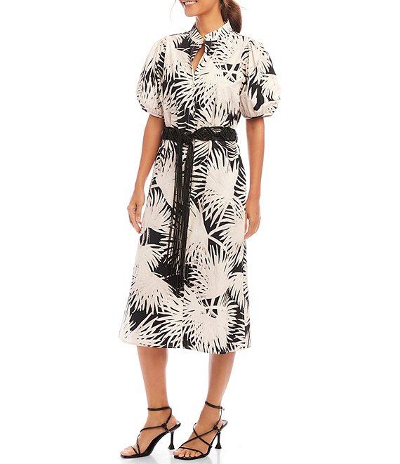 Karen Kane Tropical Palm Print Puff Sleeve Midi Shirt Dress Product Image