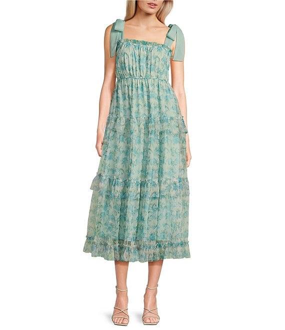 Blu Pepper Mesh Floral Print Sleeveless Tie Shoulder Tiered Midi Dress Product Image